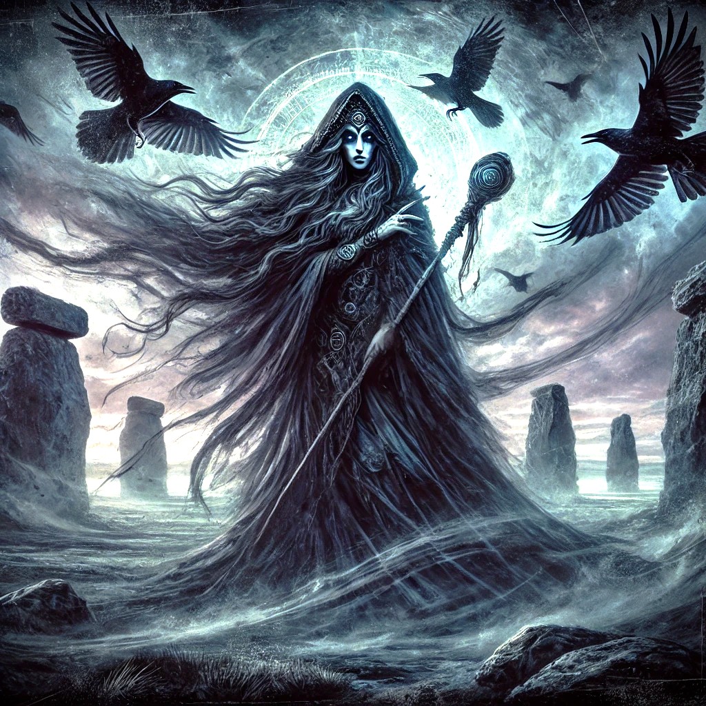 A mystical depiction of The Morrigan, the Celtic goddess of war and fate. She stands on a stormy battlefield, surrounded by swirling crows, her dark cloak flowing around her.